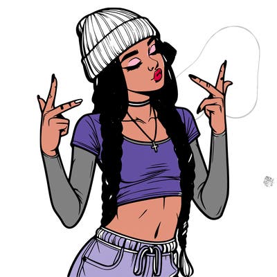 realistic teenage girl with braids and a beanie and crop top doing 🫶🏼