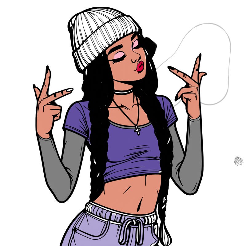 realistic teenage girl with braids and a beanie and crop top doing 🫶🏼