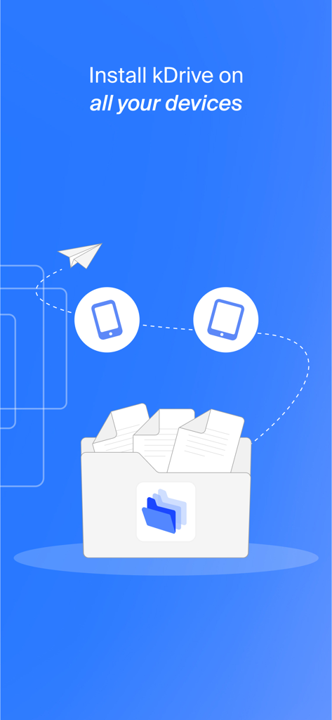 Infomaniak kDrive illustration showing file synchronization between smartphone and tablet with text Install kDrive on all your devices