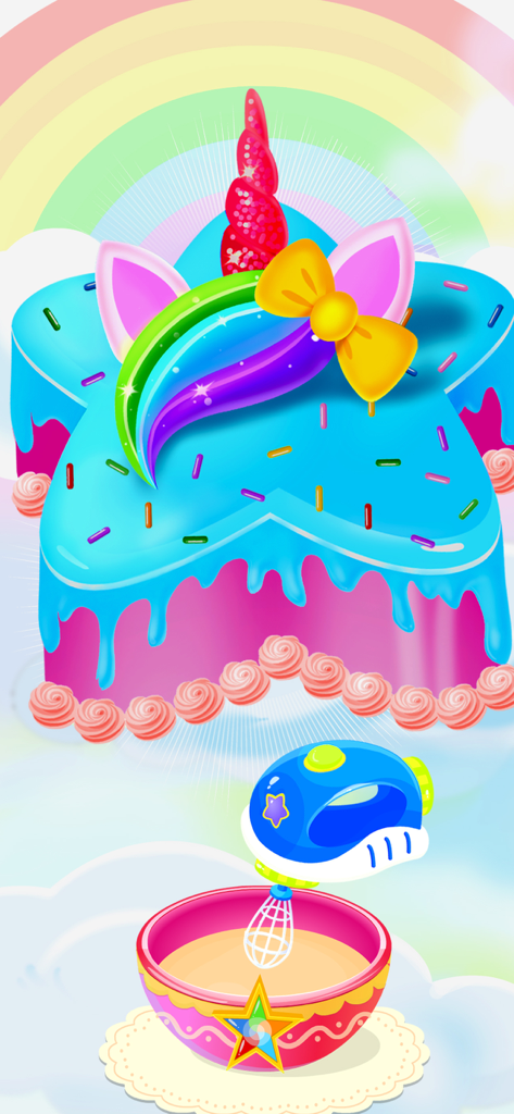 Unicorn Cooking Girl Games App - A colorful star shaped unicorn cake with a hand mixer preparing batter in a kids cooking game.