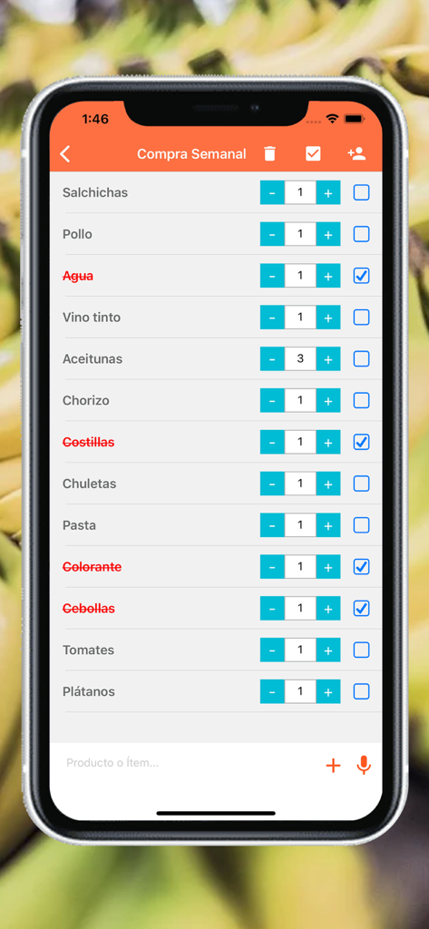 Listic - Shopping List Shared - Mobile screen showing a shared weekly grocery shopping list with item quantities and check marks