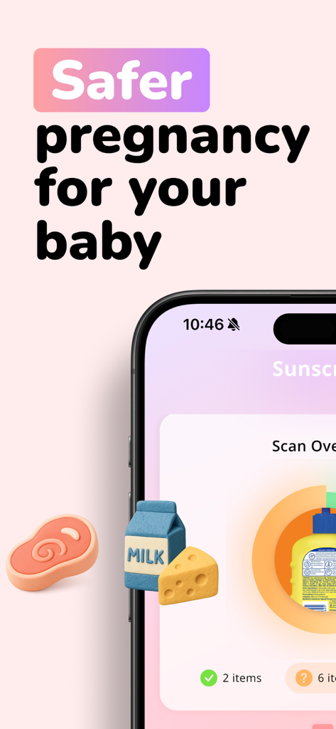Interfaz de la aplicación Doola para escanear e identificar productos de alimentos y cuidado de la piel seguros para el embarazo
