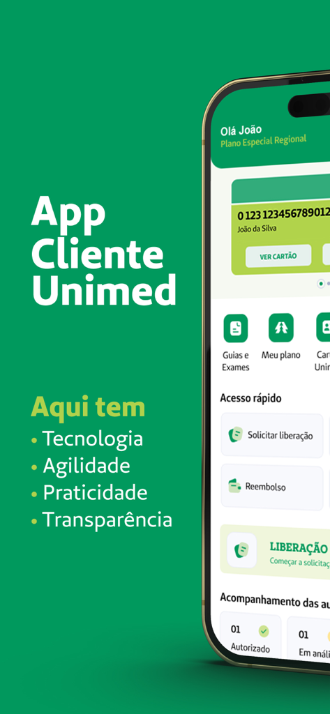 Unimed SP - Clientes - Smartphone screen displaying the Unimed SP Clientes app with digital card and quick access health services