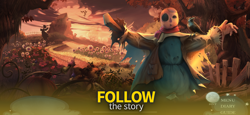 Eine Vogelscheuchenfigur in einer gemalten Herbstlandschaft mit dem Text Folge der Geschichte