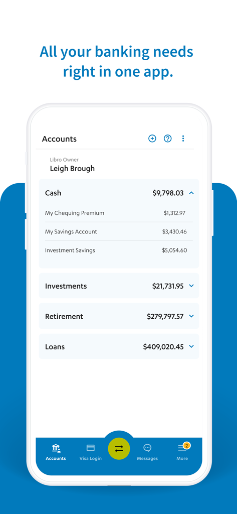 Libro Mobile Banking - Interfaz de la aplicación de banca móvil Libro que muestra un resumen de los saldos de las cuentas, incluyendo efectivo e inversiones