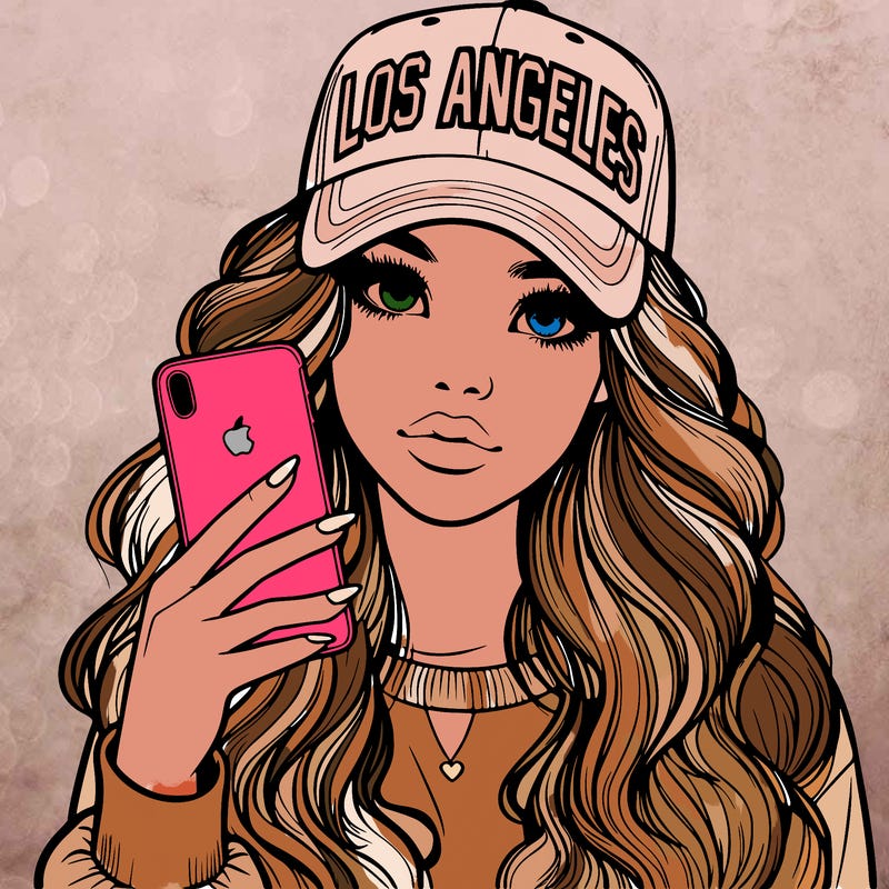 realistic beautiful girl wearing los ángeles cap holding an iphone