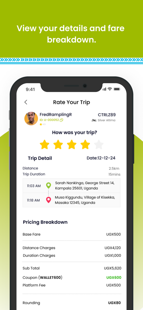 Union: Request a Ride - Interfaz de la aplicación Union que muestra una pantalla de calificación del viaje con el desglose de la tarifa y los detalles del conductor