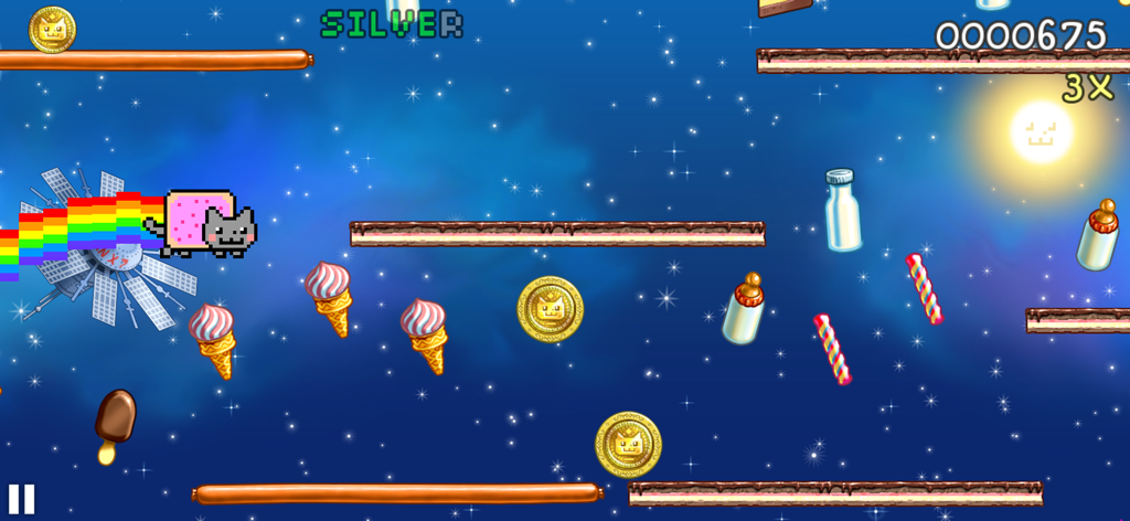 Nyan Cat: Lost In Space - Nyan Cat flying through space with a rainbow trail collecting coins and sweets in a pixel art game environment