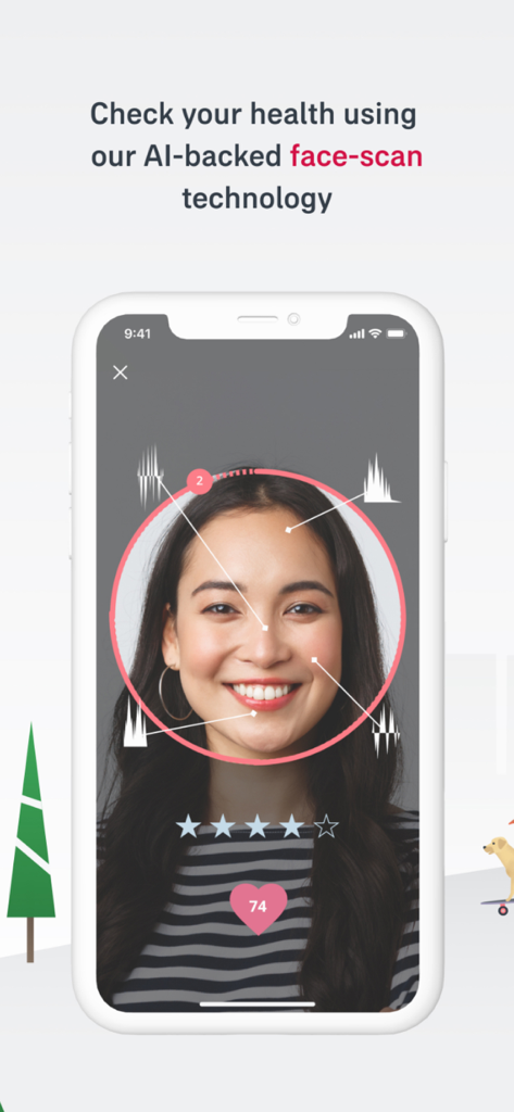 A smartphone showing the AIA+ Thailand app using AI-backed face-scan technology for health monitoring.
