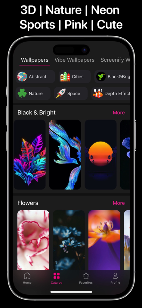 Interfaccia dell'app Everpix che mostra varie categorie di sfondi come Natura Spazio e collezioni Nero e Luminoso