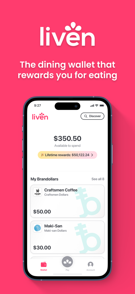 Liven mobile app interface showing the dining wallet with available balance and earned Brandollars for various restaurants.