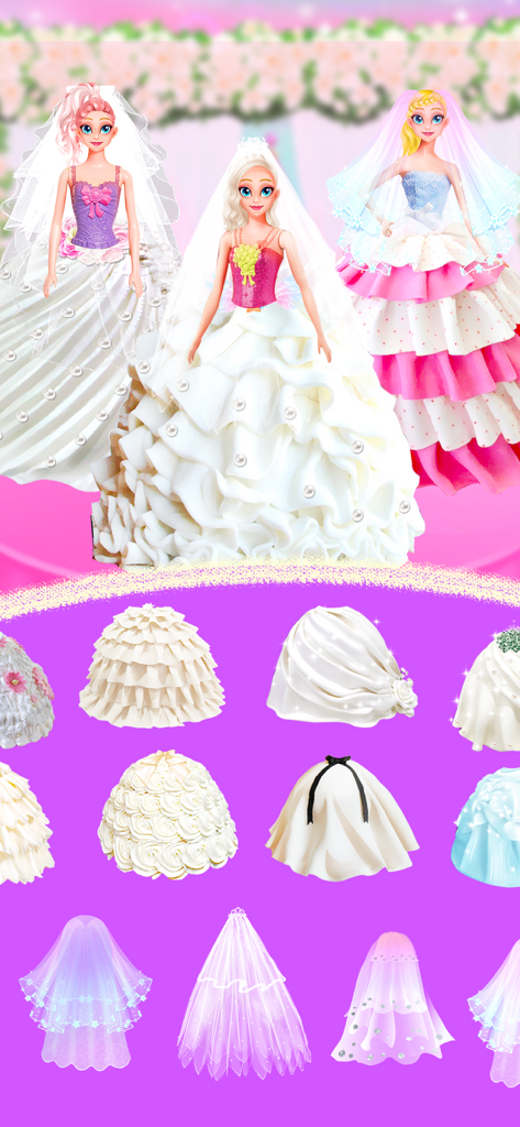 Pantalla de personalización de pasteles de muñeca de princesa con varios diseños de falda de glaseado blanco y velos de novia