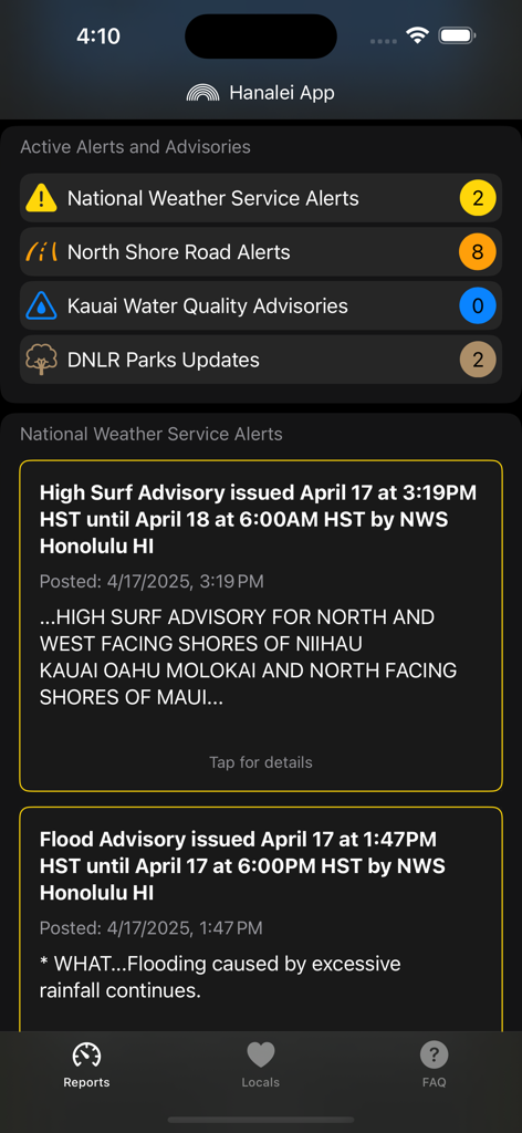 Screenshot of the Hanalei app showing weather and road alerts for Kauai North Shore