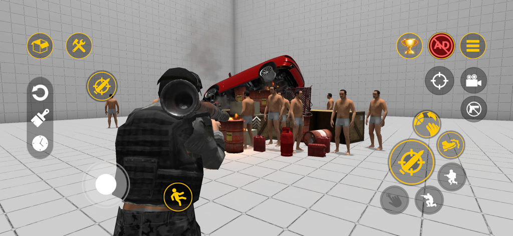 A character aiming a rocket launcher at NPCs and an overturned car in a white-tiled sandbox environment.