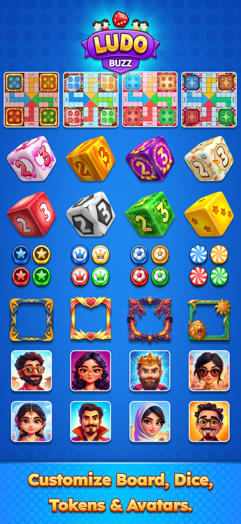 Ludo Buzz - Multiplayer Game - Tableros, dados, fichas y avatares de personajes personalizables en el juego móvil Ludo Buzz.