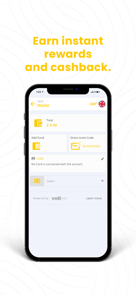 HFC - Official App - Smartphone exibindo a carteira digital e a interface de recompensas do aplicativo oficial HFC.
