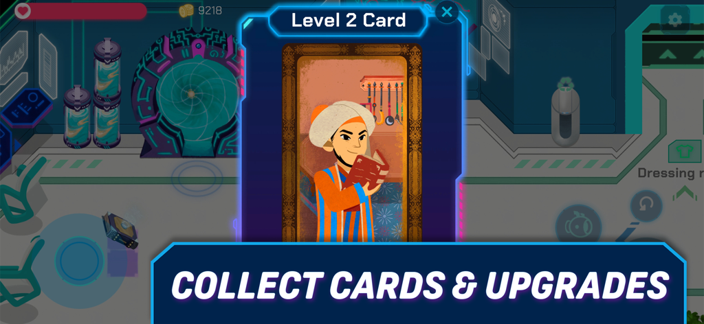 Time Hoppers - Time Hoppers mobile game screen showing a Level 2 card featuring a historical scholar with the text Collect Cards and Upgrades