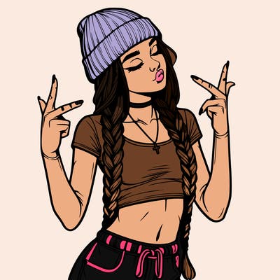 realistic teenage girl with braids and a beanie and crop top doing 🫶🏼