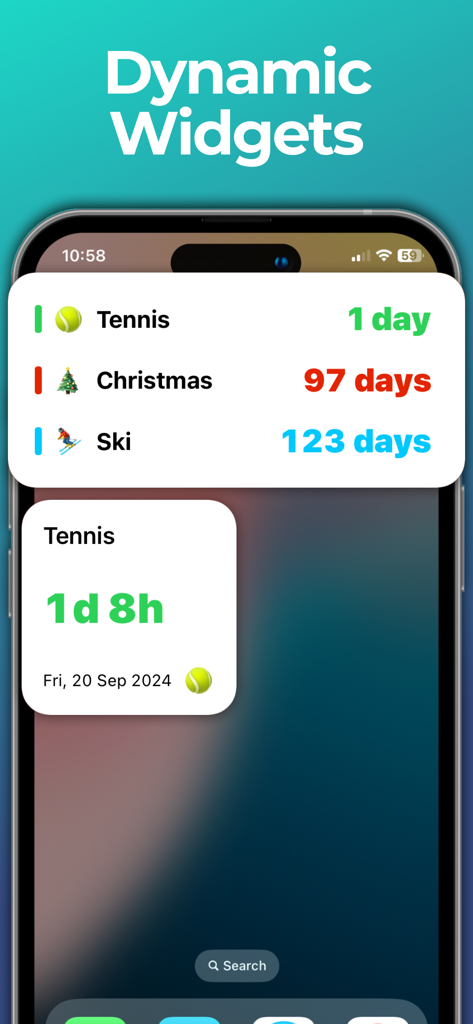 Countdown : days counter - iPhone home screen displaying several dynamic countdown widgets for tracking events like Christmas and sports