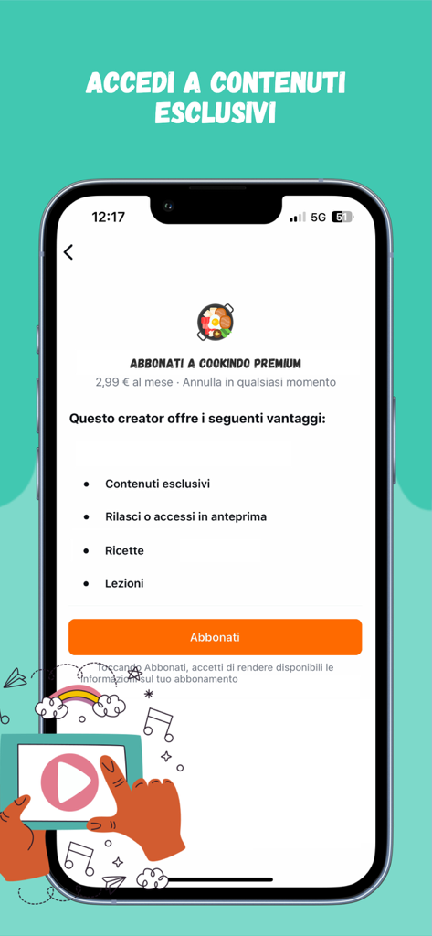Sluurpy - eat & share - Un écran de smartphone affichant la page d'abonnement de l'application Sluurpy pour Cookindo Premium, proposant des recettes et des leçons exclusives.
