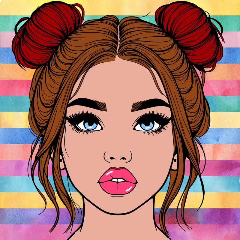 realistic girl with two buns on her hair and lips