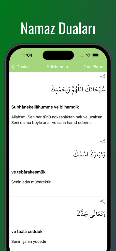 Mobile app interface showing the Subhaneke prayer in Arabic with Turkish translation