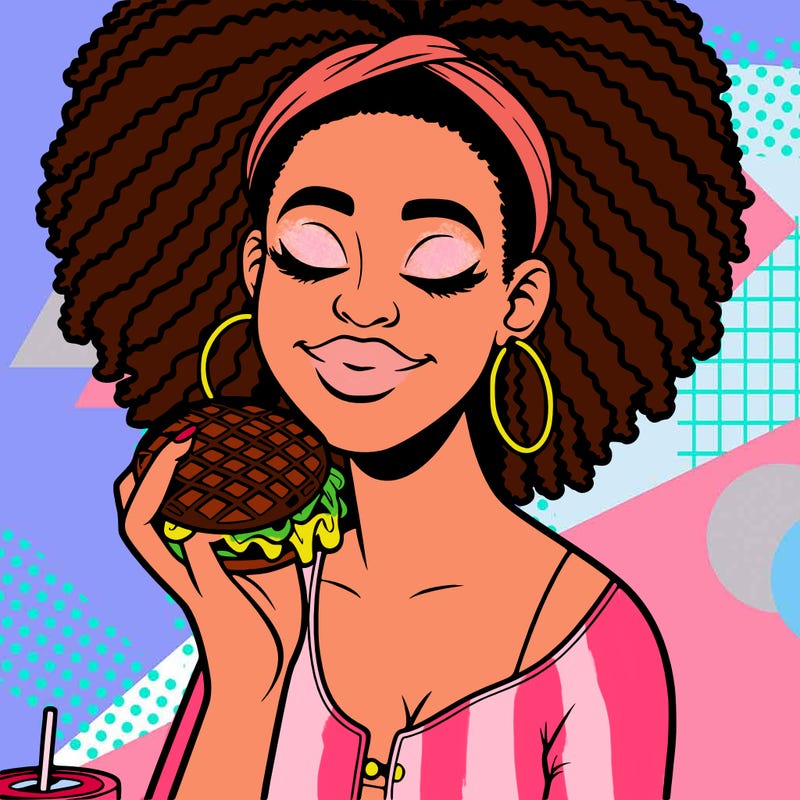 an african american woman eating a waffle burger realistic