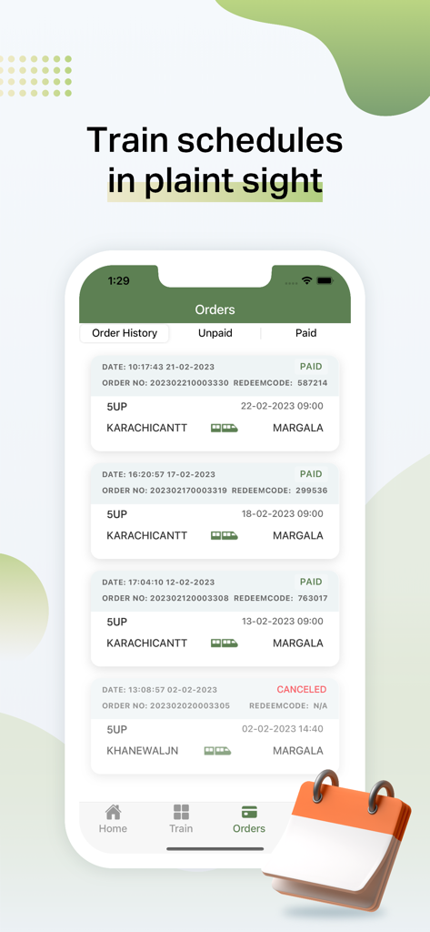 RABTA app orders screen displaying ticket history for Pakistan Railways train travel