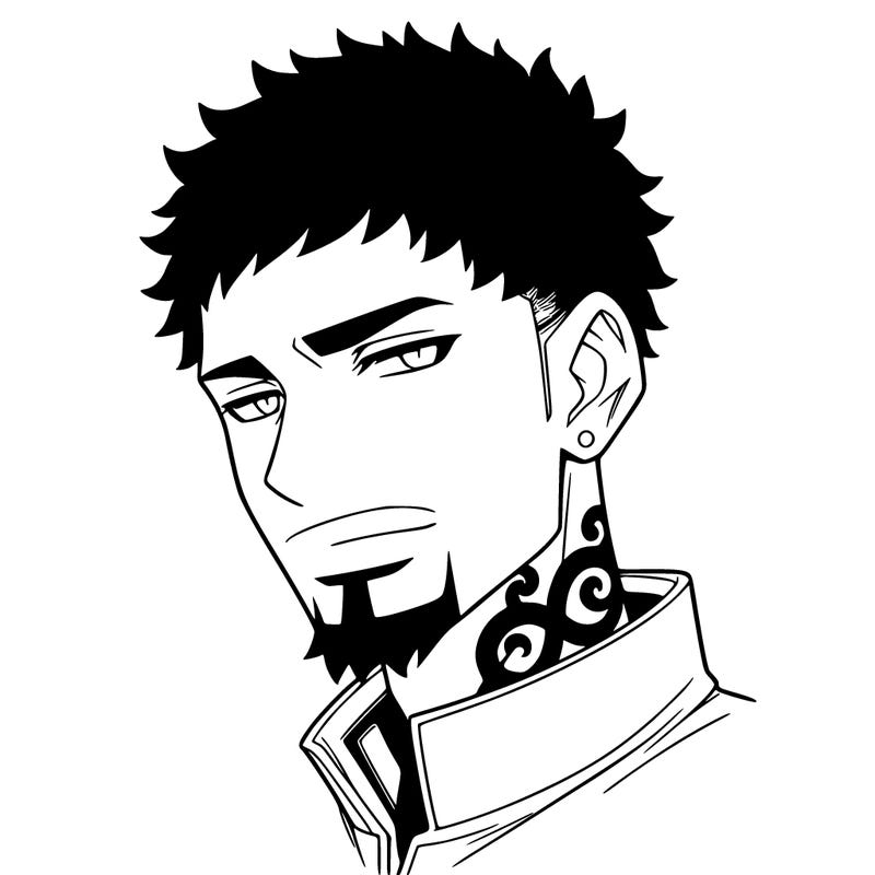 a realistic black  anime boy with a goatee with neck tattoos and short hair