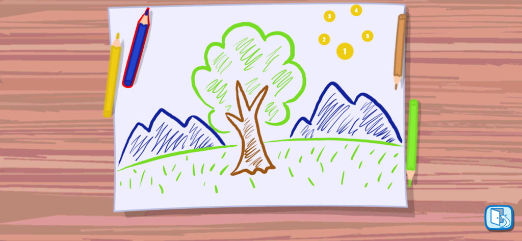 Digitale Zeichenaktivität für Kinder mit einer Landschaft und Buntstiften