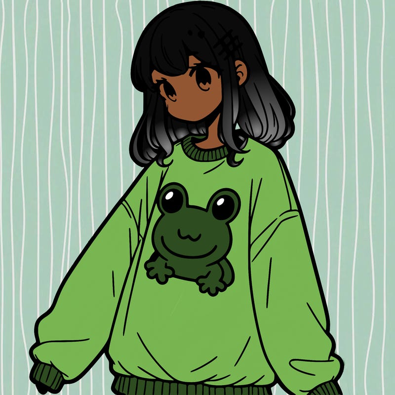 girl wearing frogging sweatshirt