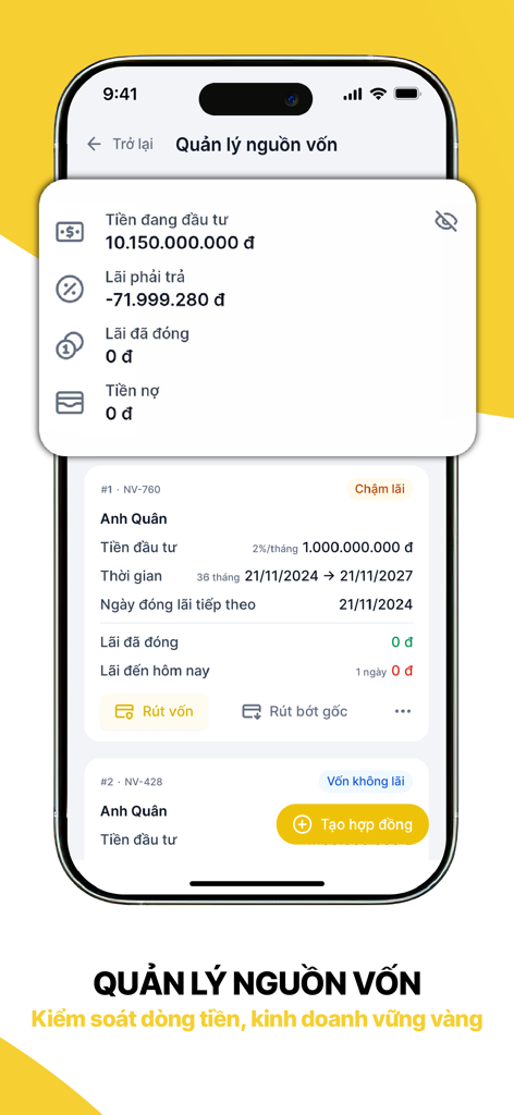 LendMe - Pantalla de la aplicación móvil LendMe que muestra el panel de gestión de capital y estadísticas financieras para propietarios de casas de empeño en vietnamita
