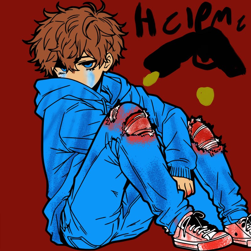 a male hoddie ripped jeans messy hair anime
