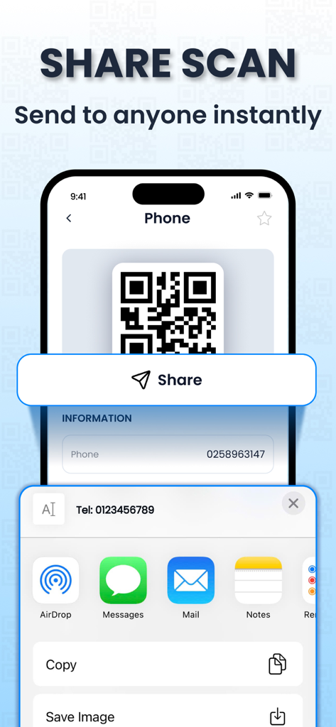 Écran d'une application mobile montrant un menu de partage avec des options pour envoyer un code QR scanné via AirDrop, Messages et Mail
