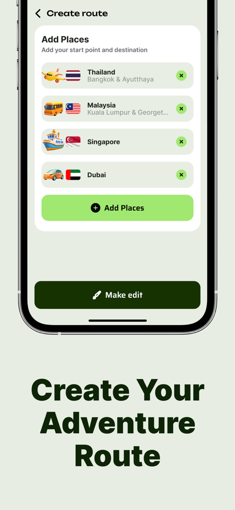 Interface de aplicativo móvel para criar uma animação de rota de viagem mostrando uma lista de destinos como Tailândia e Malásia com ícones de transporte.