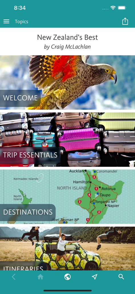 Pantalla de inicio de la aplicación de viajes New Zealands Best que muestra temas de navegación como Esenciales del Viaje y Destinos