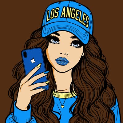 realistic beautiful girl wearing los ángeles cap holding an iphone