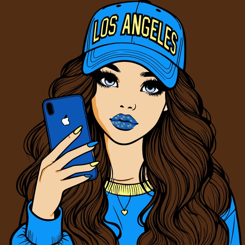 realistic beautiful girl wearing los ángeles cap holding an iphone