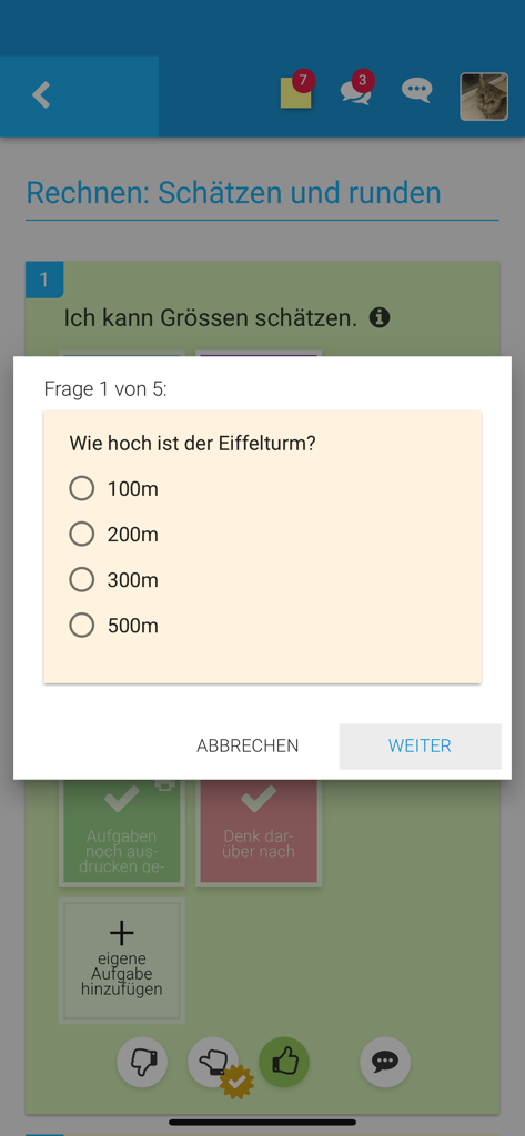 LearningView.org - LearningView mobile app interface displaying a multiple choice quiz question in German about the height of the Eiffel Tower