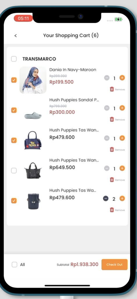 9to9 - 9to9 mobile app shopping cart screen displaying Hush Puppies products and a checkout button