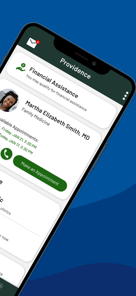 Un écran de téléphone portable montrant l'application Providence avec des options d'assistance financière et de prise de rendez-vous avec un médecin de famille.