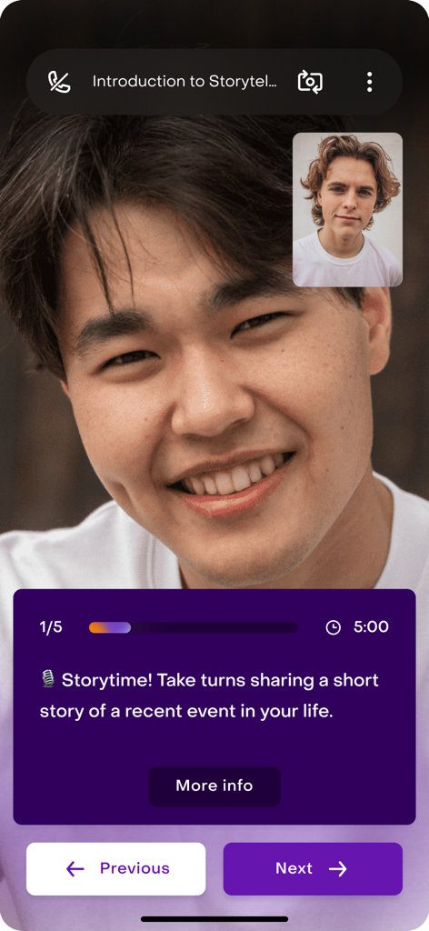 Arcade AI - Arcade AI mobile App-Bildschirm zeigt zwei Personen in einer 1:1 Video-Storytelling-Rollenspiel-Sitzung mit einem 5-Minuten-Timer.