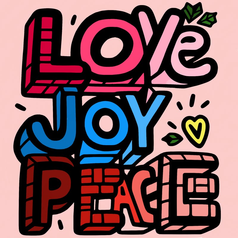 the word in block letters "love, joy, peace"