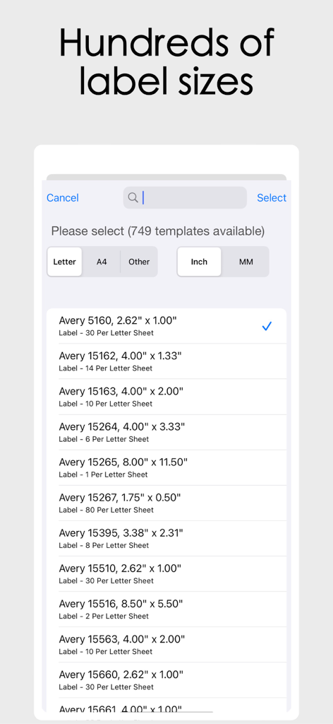 우편 라벨 디자이너 앱에서 사용 가능한 Avery 우편 라벨 템플릿 및 크기 목록