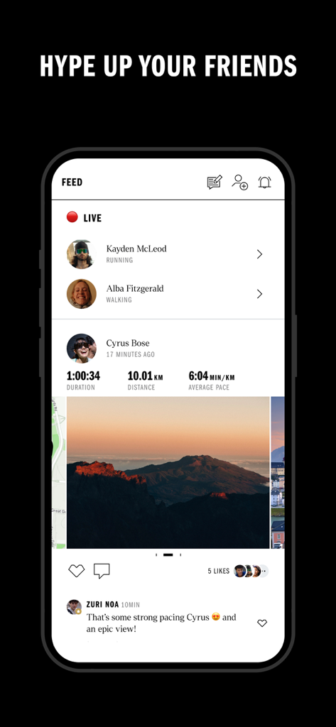 사진과 함께 실시간 활동 및 공유된 운동 통계를 보여주는 아디다스 러닝 앱의 소셜 피드
