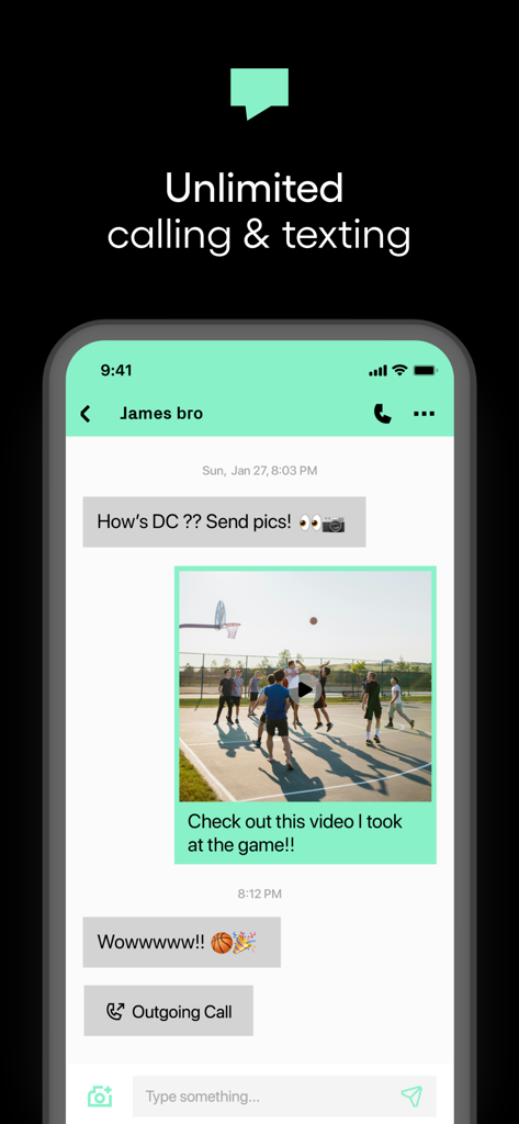 Screenshot of the Burner app interface showing a text message conversation and outgoing call feature under the headline Unlimited calling and texting