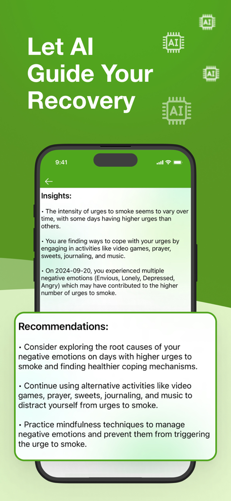 Grounded: Quit Weed Smoking - A smartphone displaying AI-generated insights and recommendations for cannabis recovery in the Grounded app