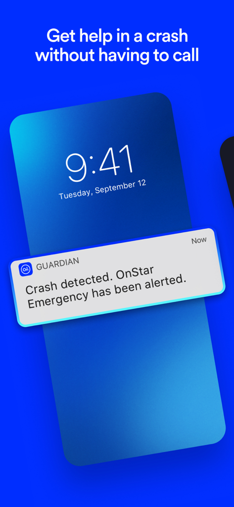 Uma tela de smartphone exibindo uma notificação de que uma colisão foi detectada e os serviços de emergência OnStar foram alertados.