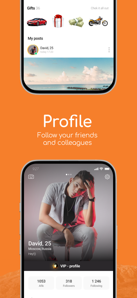 ArmFriend - Armenian community - Interfaz de la aplicación móvil ArmFriend que muestra un perfil de usuario con recuentos de seguidores, regalos virtuales y estado VIP.