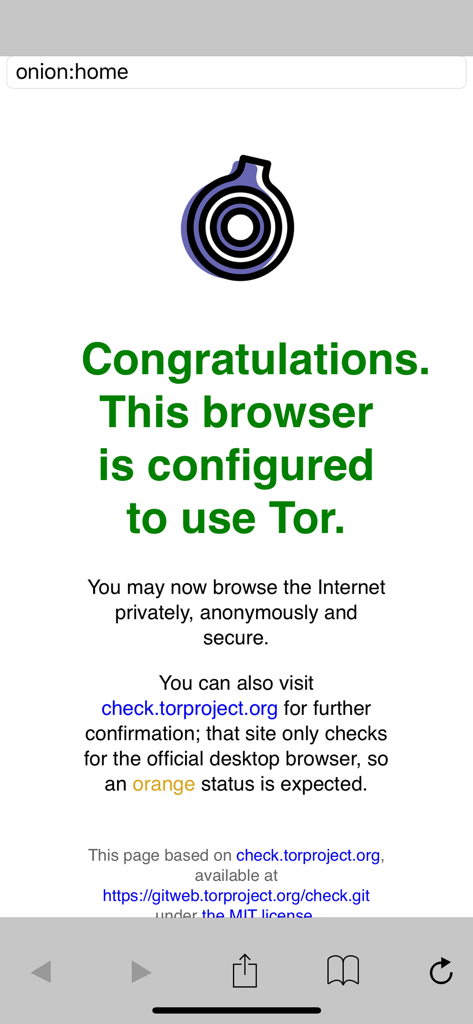 Screenshot of the Proxy app confirming the browser is successfully configured to use the Tor network for private and anonymous browsing.